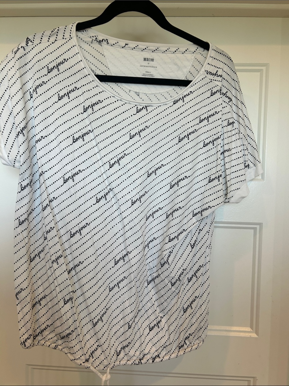 Maeve White Tee with Navy 'bonjour' Script